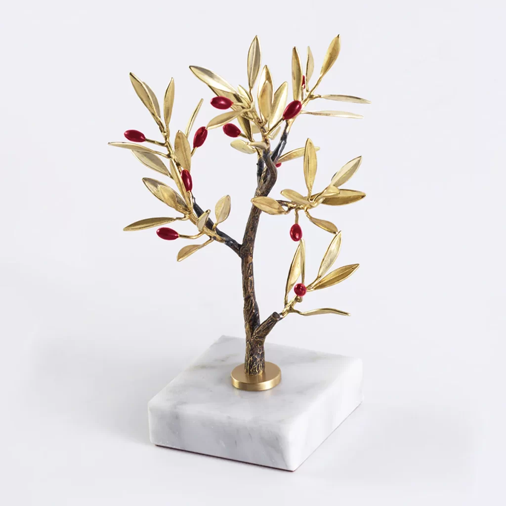 JeanLiv Studio • Bespoke bronze olive tree sculpture. Colorful display - Minimal nature design. MiniLiv